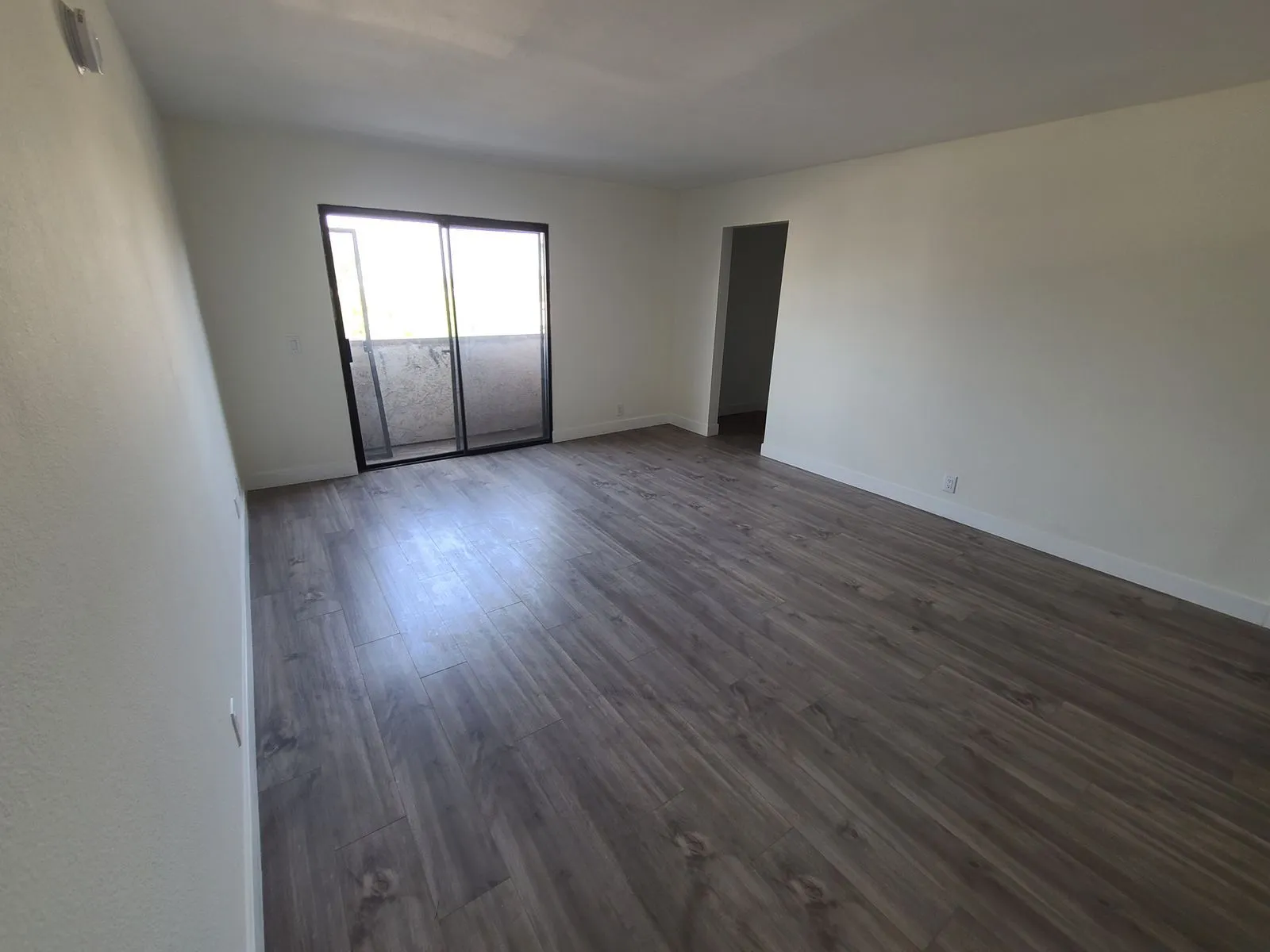 Living room with new vinyl plank flooring and sliding door