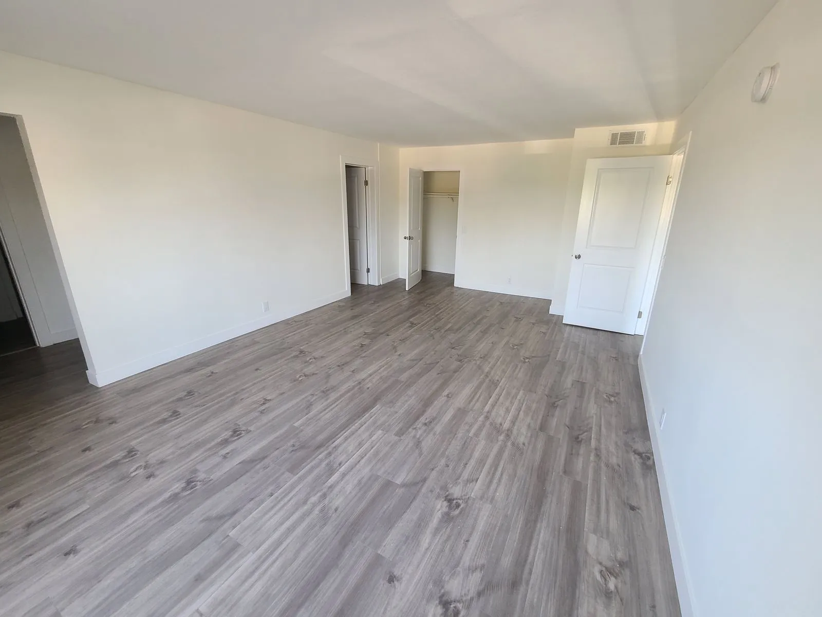Open living room with new gray flooring and closets